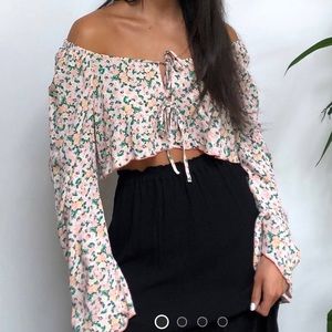 Off Shoulder Tie Front Floral Crop Top